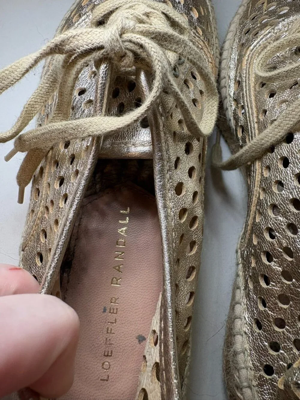 Loeffler Randall Rowan Metallic Gold Perforated Leather Espadrille Flats 36 6